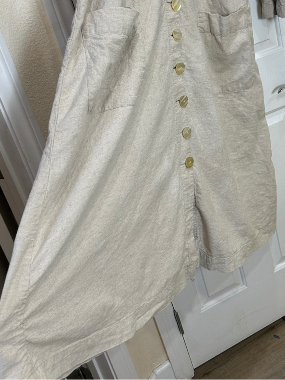 Free People Linen Blend Button Down Maxi Dress Duster Pockets Beige Large - Picture 7 of 12